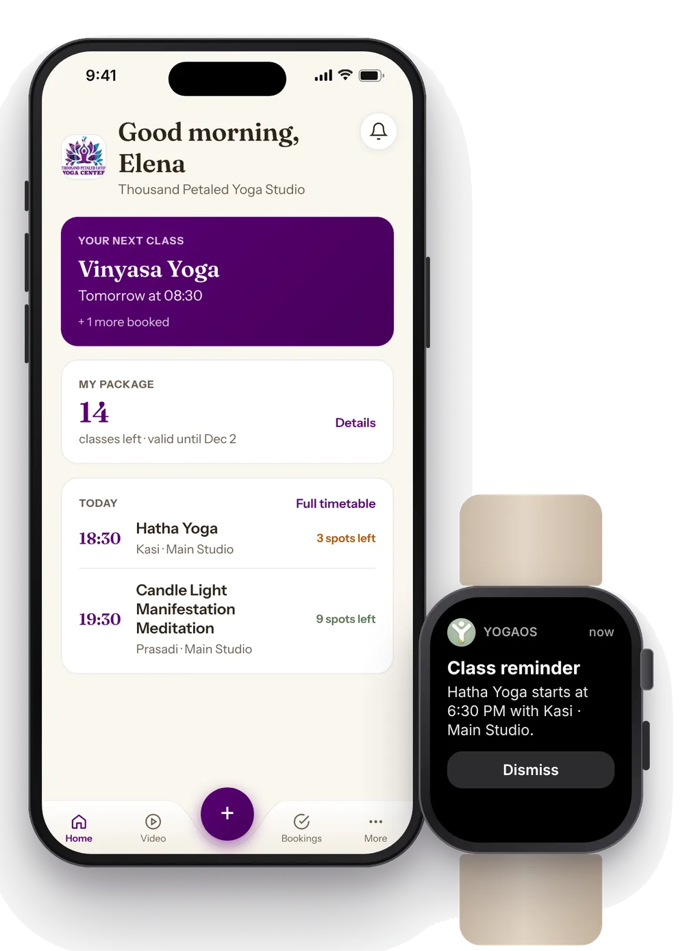 The YogaOS app on an iPhone showing the next class and 14 classes left, with a class reminder on an Apple Watch